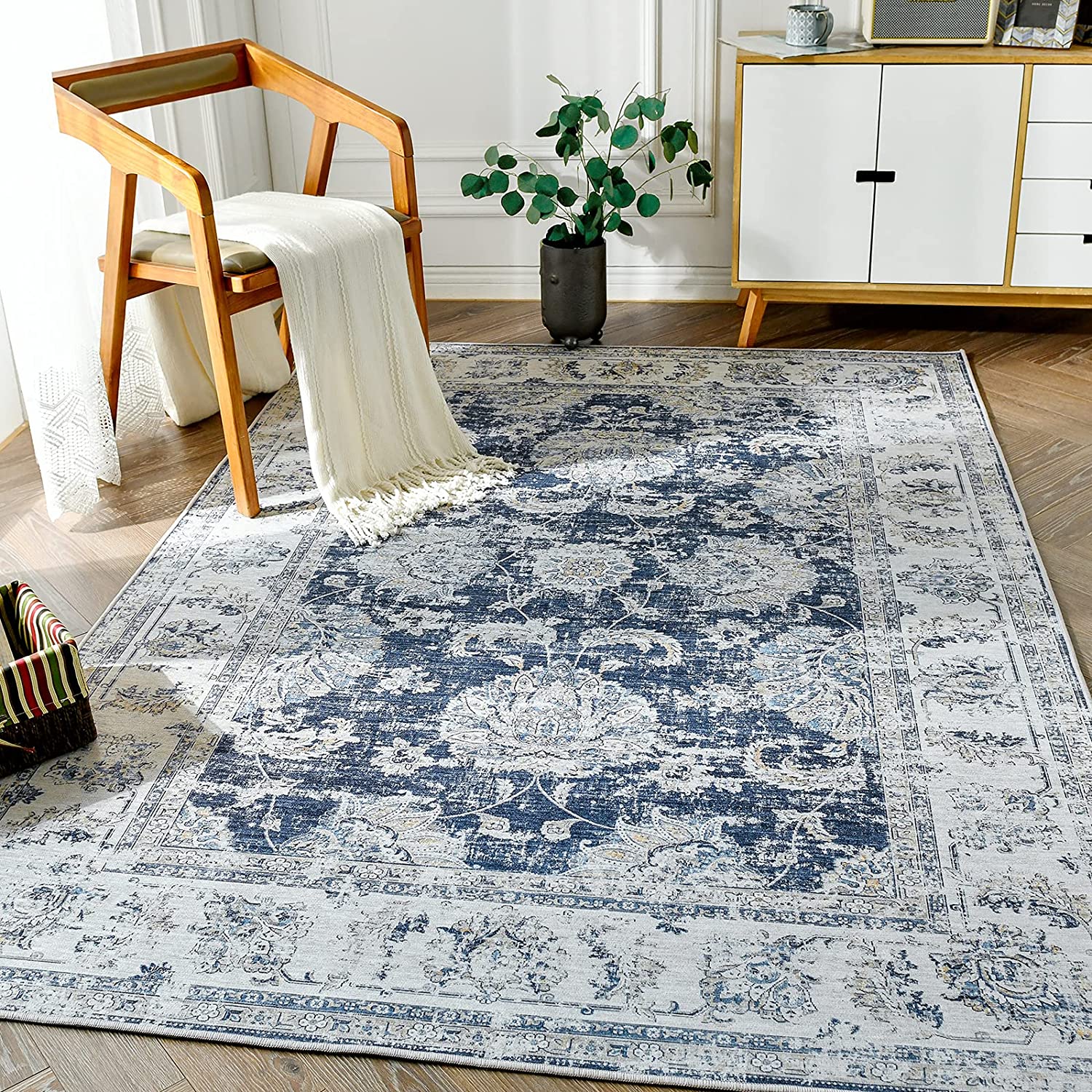 Topick Retro Vintage Persian Floral Foldable Dark Blue Area Rug