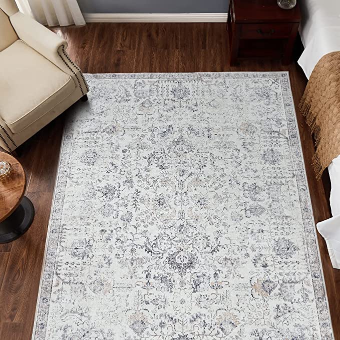 Jinchan Vintage Distressed Floral Gray Foldable Area Rug